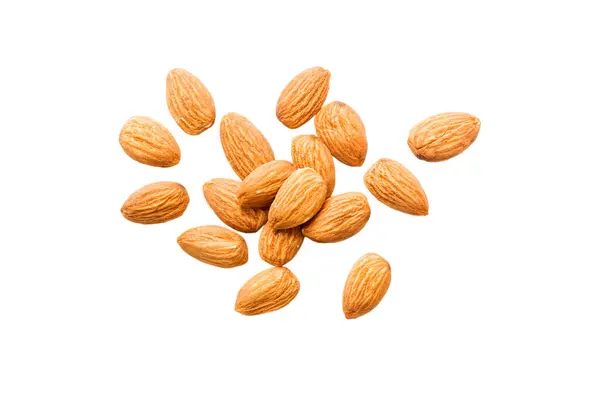 Pile Almonds Isolated White Background Top View Flat Lay Healthy — Stock Photo, Image