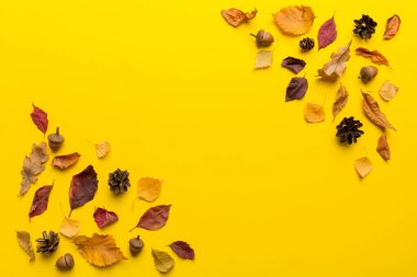 Sonbahar kompozisyonu. Masadaki kurumuş yapraklar ve diğer tasarım aksesuarlarından oluşan desen. Düz yatış, üst görünüm.