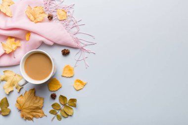 Sonbahar yapraklı bir fincan kakao soyut natürmort yaşam üst görünüm kopyalama alanı.