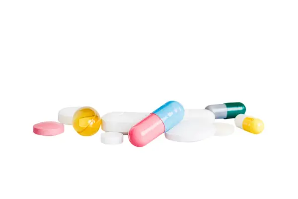 Muitos Medicamentos Coloridos Diferentes Pílulas Perspectiva Vista Conjunto Muitas Pílulas — Fotografia de Stock