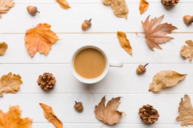 Sonbahar yapraklı bir fincan kakao soyut natürmort yaşam üst görünüm kopyalama alanı.