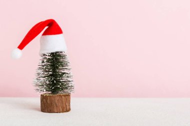 One small Christmas tree with santa hat on colored background. new year decoration with copy space.