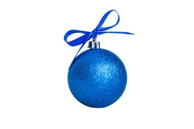 Christmas ball on colored background. decoration bauble with ribbon bow with copy space.