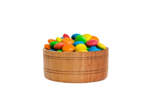 彩色背景的多色糖果在一个碗里 生日和假日的概念 带有复制空间的顶部视图 — 图库照片