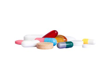 Many different colorful medication and pills perspective view. Set of many pills on colored background.