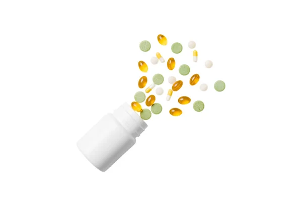 Pílulas Multicoloridas Cápsulas Garrafa Plástico Sobre Fundo Colorido Espaço Cópia — Fotografia de Stock