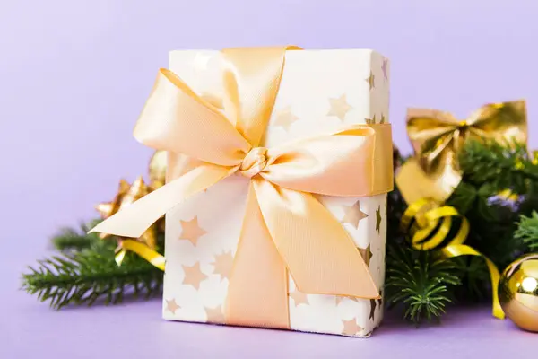 New Year Christmas Mood Gift Box Branches Christmas Tree New — Zdjęcie stockowe