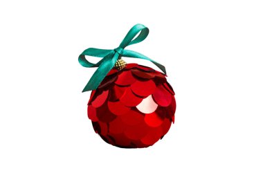 Christmas ball on colored background. decoration bauble with ribbon bow with copy space.