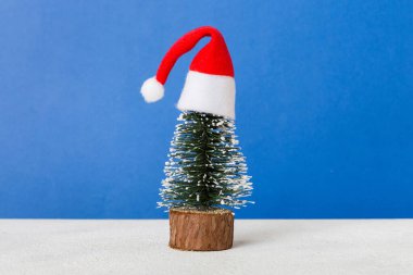 One small Christmas tree with santa hat on colored background. new year decoration with copy space.