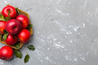 Renkli arka planda bir sürü kırmızı elma, üst manzara. Tasarım veya metin için kopyalama alanı olan taze elma görünümlü sonbahar deseni.