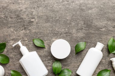 Çimento arka planında yeşil yaprakları olan organik kozmetik ürünler. Uzayı kopyala, düz yat.