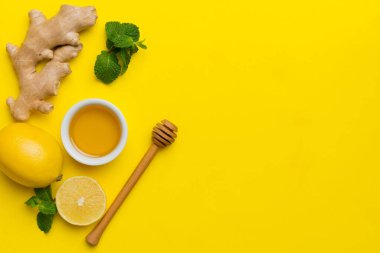 Doğal soğuk algınlığı ve grip ilaçları. Bağışıklık uyarımı ve virüs koruması için doğal malzemeler. Üst görünüm düzlüğü.