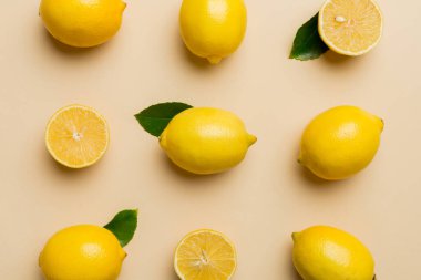 Renkli arka plan olarak pek çok taze limon, üst manzara. Limon ve limon dilimlerinin zarif arka planı Üst görünüm düz yatıyordu.