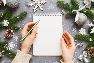 Noel 'i yazmak için bir kadın not defterine Xmas dekorasyonlu renkli arkaplan çiziyor.