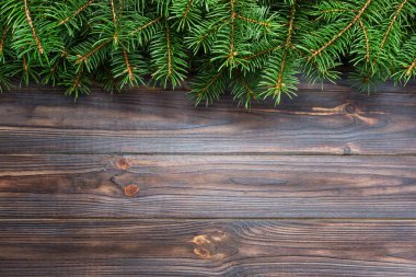 Noel köknar ağacı ahşap backgrond. üstten görünüm.