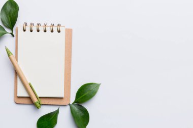 Not için Renkli arkaplan üzerinde kalem ve yeşil yaprak ile çevre dostu boş not defteri.