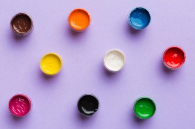 Renkli arka planda farklı renkte gagalı kavanozlar. Hobi resim. Boşluğu olan üst görünüm. Yaratıcılık için işyeri. ev öğretmenliği kavramı çizimi.