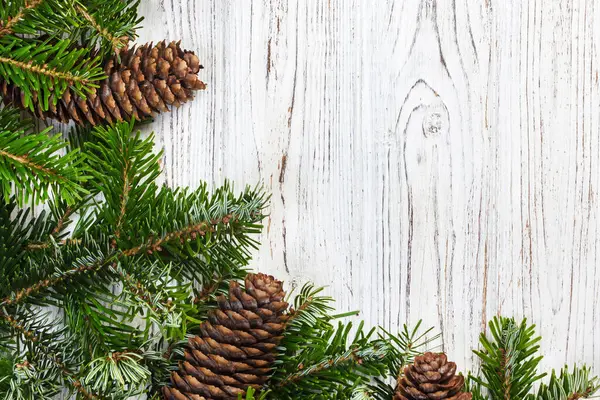 Christmas Fir Tree Pine Cones Wooden Board Stock Picture