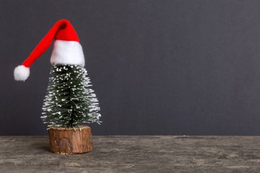 One small Christmas tree with santa hat on colored background. new year decoration with copy space.