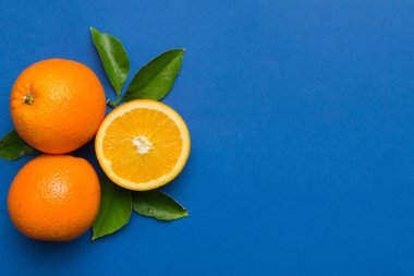 Renkli arka planda taze meyve portakalı dilimleri. Üst Manzara. Uzayı kopyala yaratıcı yaz konsepti. Minimum düzlükte turunçgillerin yarısı kopyalama alanı ile yatar.