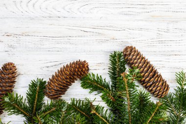 Ahşap arka plan üzerinde koniler ile Noel ağacı dalları.