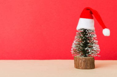 One small Christmas tree with santa hat on colored background. new year decoration with copy space.