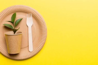 Açık beyaz masa arkaplanındaki boş, tek kullanımlık çevre dostu tabaklar, bardaklar, çatal bıçaklar. Üst Manzara. Biyo-çözünebilir el yapımı yemekler. Geri dönüşüm konsepti. Yakın plan..