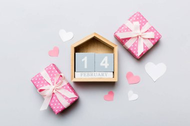 Valentine Day theme with wooden block calendar. Greeting card template for Valentines Day.copy space for text.