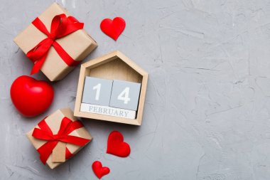 Valentine Day theme with wooden block calendar. Greeting card template for Valentines Day.copy space for text.