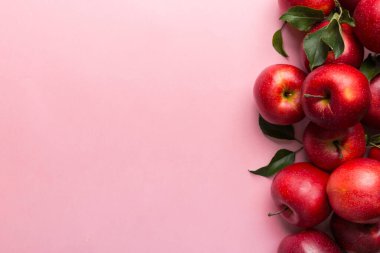 Renkli arka planda bir sürü kırmızı elma, üst manzara. Tasarım veya metin için kopyalama alanı olan taze elma görünümlü sonbahar deseni.