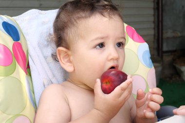 Tatlı bebek taze portakallı şeftali yiyor. Küçük şirin bir bebek bahçede oturuyor ve şeftali yiyor..