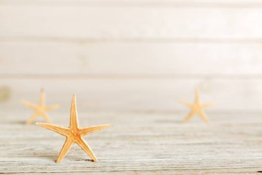 Yaz mevsimi kavramı deniz kabukları ya da arka planda metin için fotokopi alanı olan denizyıldızı ile.