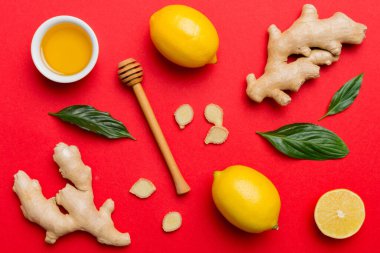 Doğal soğuk algınlığı ve grip ilaçları. Bağışıklık uyarımı ve virüs koruması için doğal malzemeler. Üst görünüm düzlüğü.