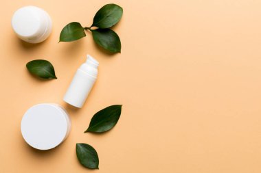 Renkli yeşil yapraklı organik kozmetik ürünler. Uzayı kopyala, düz yat.
