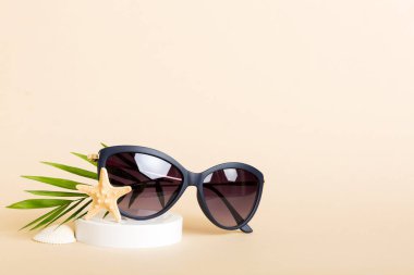 Masa arkasında deniz kabuğu olan güneş gözlükleri. Yaz arkaplanında güneş gözlüğü. Metin için kopyalama alanı olan üst görünüm düzlüğü.