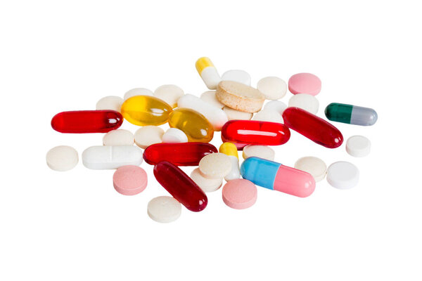 Many different colorful medication and pills perspective view. Set of many pills on colored background.