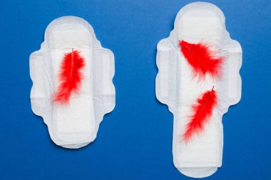 Kadın hijyen ürünleri ya da arka planda kırmızı tüy olan hijyenik ped. Pastel renk. - Yakın çekim. Mesaj için boş bir yer. Kadın günlük hijyeni..