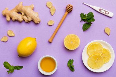 Doğal soğuk algınlığı, grip ilaçları ve termometre. Bağışıklık uyarımı ve virüs koruması için doğal malzemeler. Üst görünüm düzlüğü.