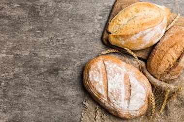 Ev yapımı doğal ekmek. Arka plan olarak farklı taze ekmek türleri, kopya alanı ile üst görünüm.