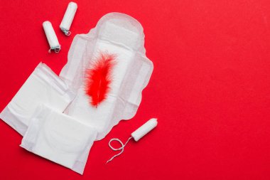 Kadın pedleri ve tamponları. Pembe ve menekşe arka planda izole edilmiş bir arka planda hijyenik pedlerin yanında uzanıyor. Kadın hijyeni ve adet dönemi konsepti.