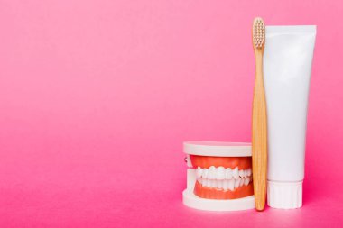 Ağız gargarası ve diğer ağız temizliği ürünleri renkli masa üstünde fotokopi alanı olan ürünler. Düz yatıyordu. Diş hijyeni. Ağız bakım kiti. Dişçi konsepti.