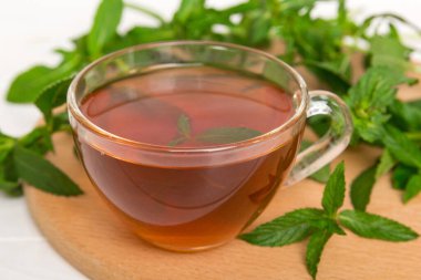 Arka planda bir fincan nane çayı. Fotokopi alanı ile taze nane görünümlü yeşil çay.