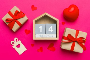 Valentine Day theme with wooden block calendar. Greeting card template for Valentines Day.copy space for text.