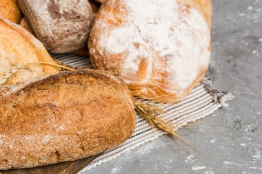 Ev yapımı doğal ekmek. Arkaplan olarak taze ekmeğin farklı türleri, kopya alanı ile perspektif.