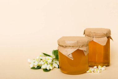 robinia honey bollte with acacacia flomes on color table.