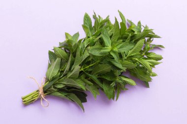 Renkli masada taze nane tomarı. Kopyalama alanı olan üst görünüm.