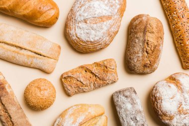 Ev yapımı doğal ekmek. Arka plan olarak farklı taze ekmek türleri, kopya alanı ile üst görünüm.