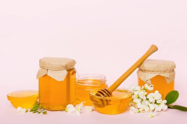 robinia honey bollte with acacacia flomes on color table.