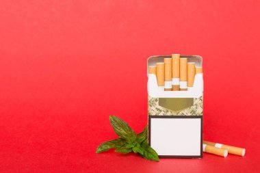 Pack of menthol cigarettes and fresh mint on colored table, Menthol cigarettes top view flat lay. clipart