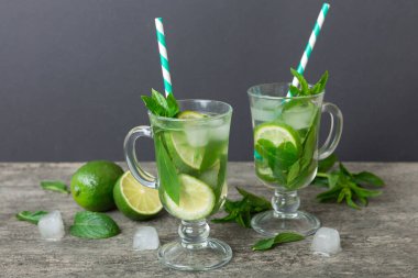 Mojito kokteyli. Limonlu, limonlu ve naneli mojito kokteylini uzun bir bardakta sopayla tazeliyorum..